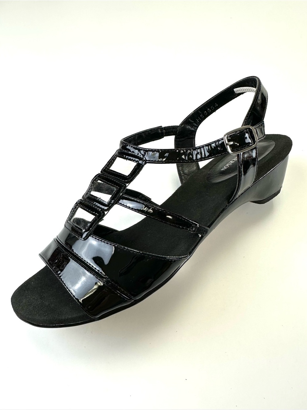 Ros Hommerson Black Patent Low Wedge Sandals Size 9 Wide